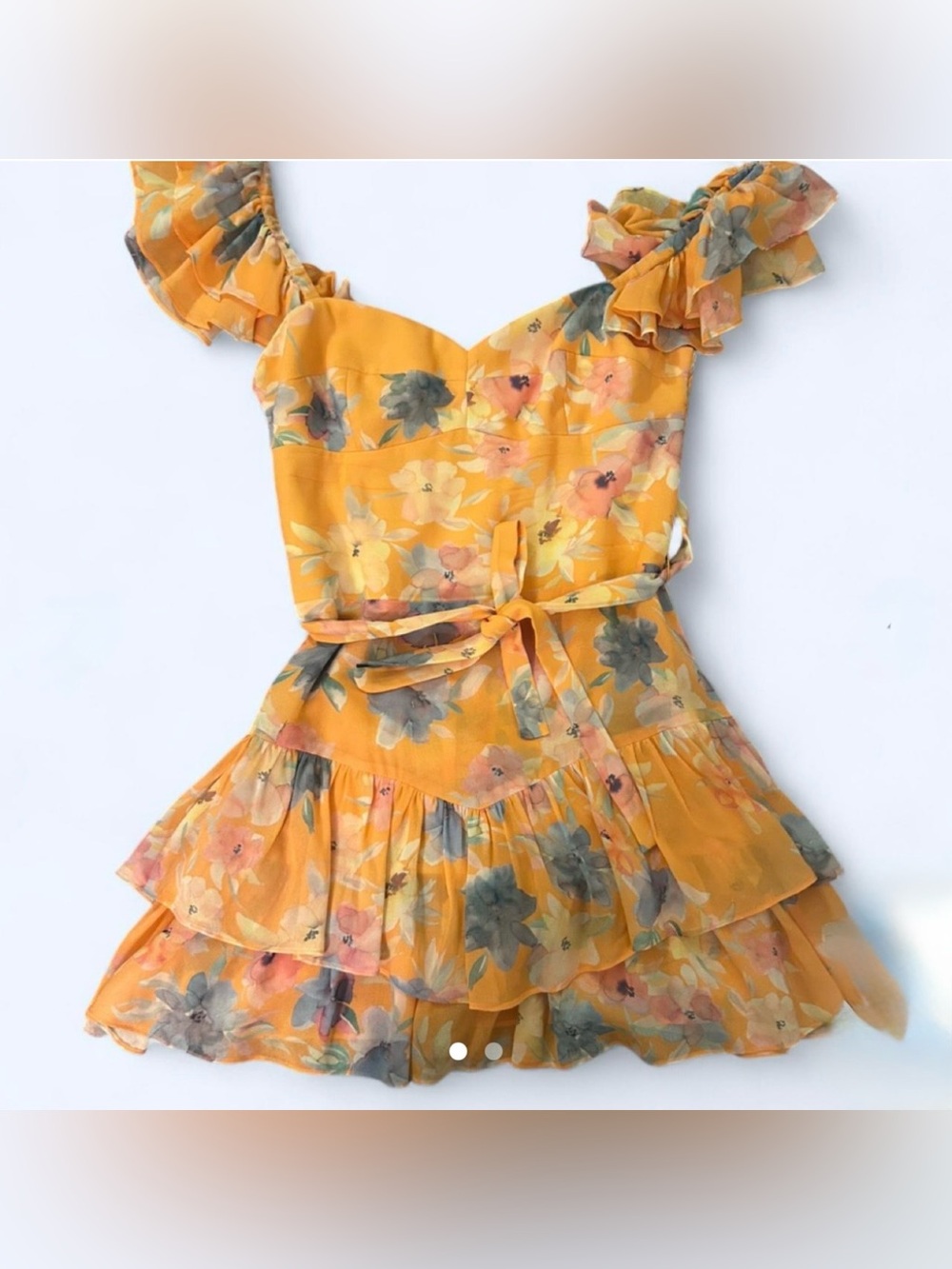 Amanda Uprichard Yellow Floral Ruffle Romper with Tie Waist